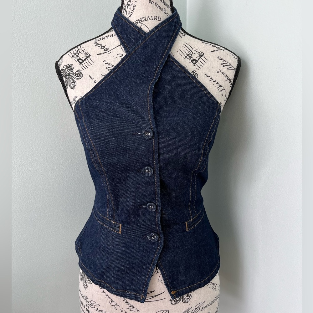 Reformation Dark Indigo Denim Halter Button-Front Top
